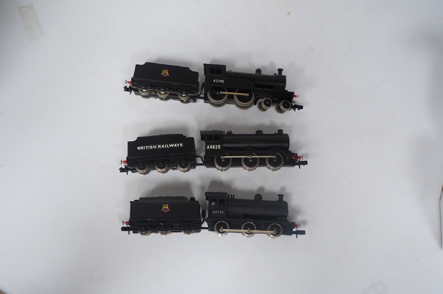 Three boxed Union Mills Models N gauge railway BR locomotives; a Class J26, 65775, a Class J39, 64825, and a Class D20, 62395. Condition - good.